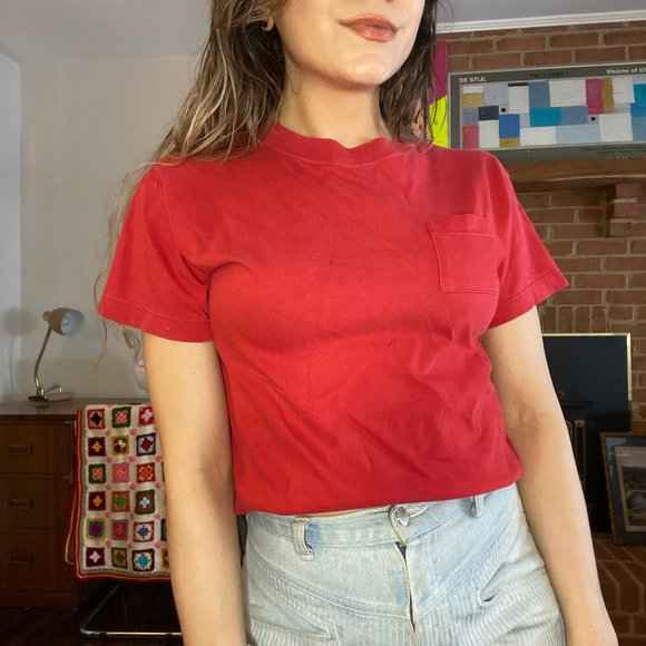 Vintage Tops - Vintage 90s Basically Nordstrom Blank Cherry Pocket Tee Soft Solid